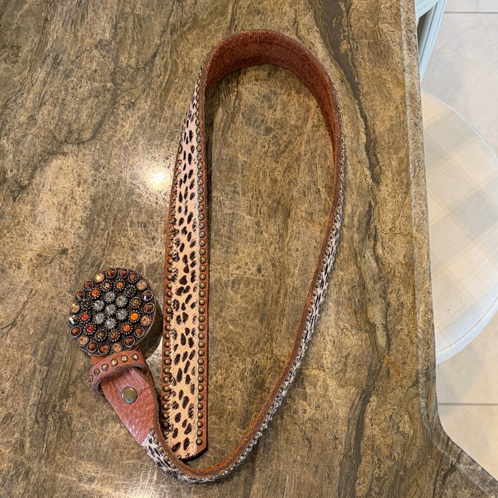Leopard Print Studded Belt with Decorative Buckle